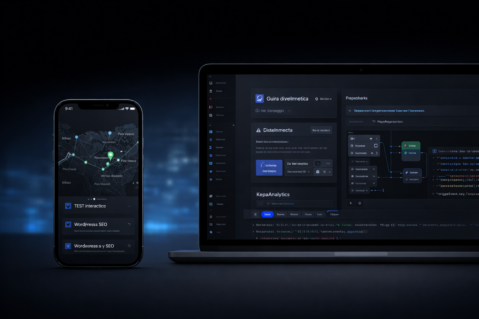 Composición digital oscura con móvil, paneles y escritorio tecnológico de GuapiWeb