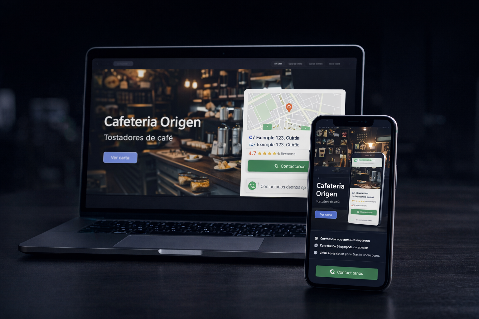 Mockup de una web rápida de GuapiWeb vista en portátil y móvil